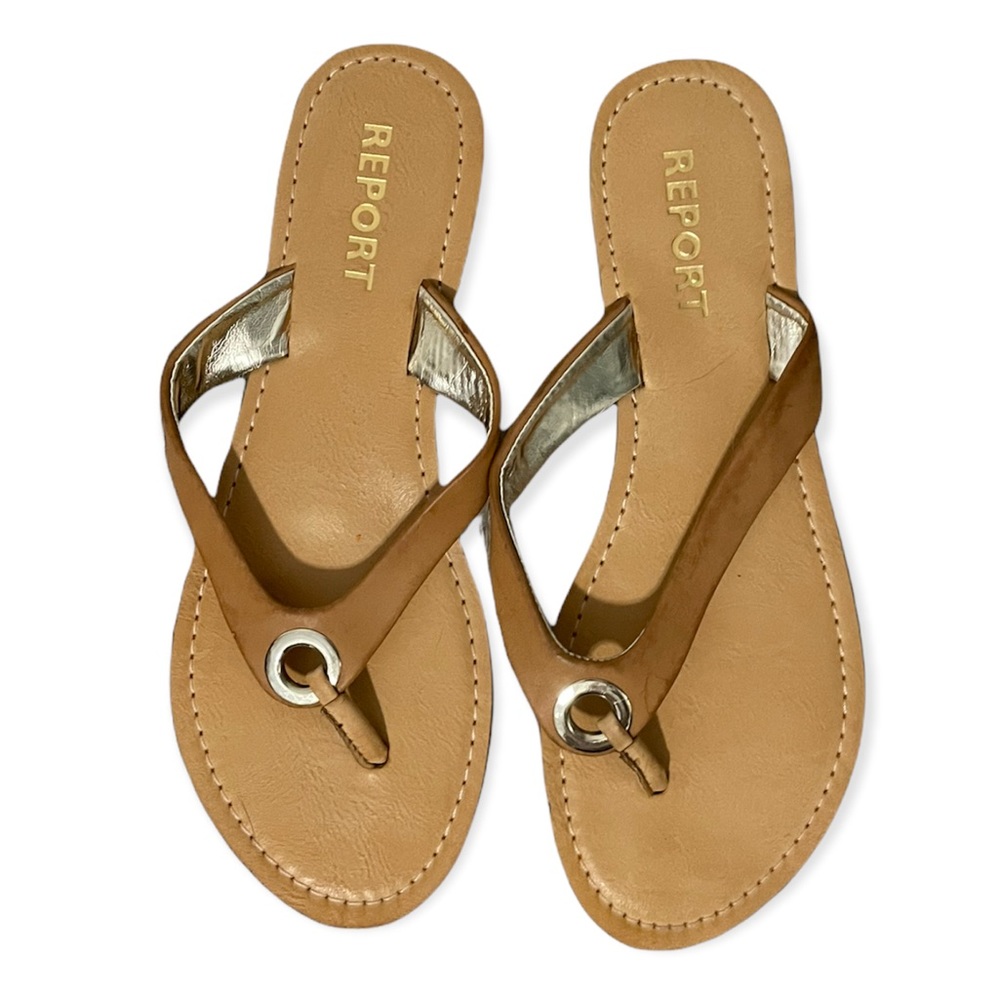 Report Brown Gold Faux Leather Thong Flip Flop Sandals 8.5